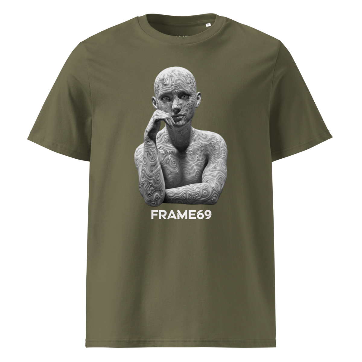 Khaki Sculpture T-shirt with white FRAME69 statue graphic, hand to lips