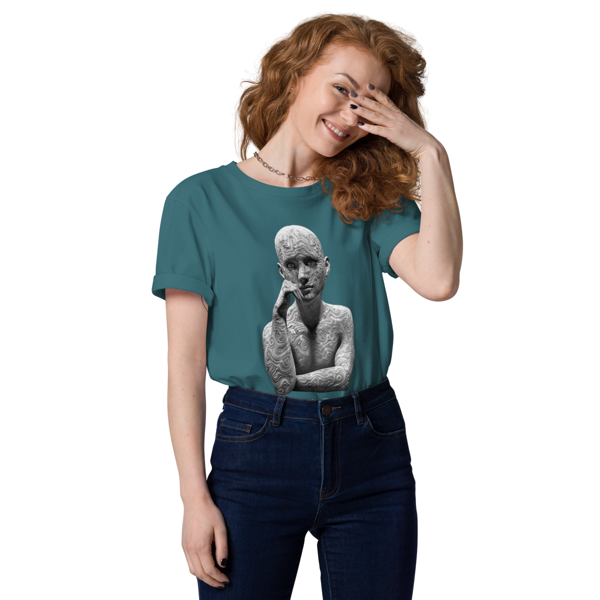 Teal crewneck T-shirt with gray sculpture graphic and FRAME69 text