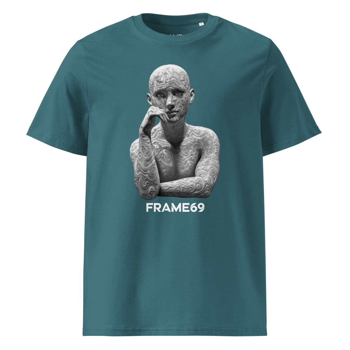 Stargazer Sculpture T-shirt with white FRAME69 statue graphic, hand to lips