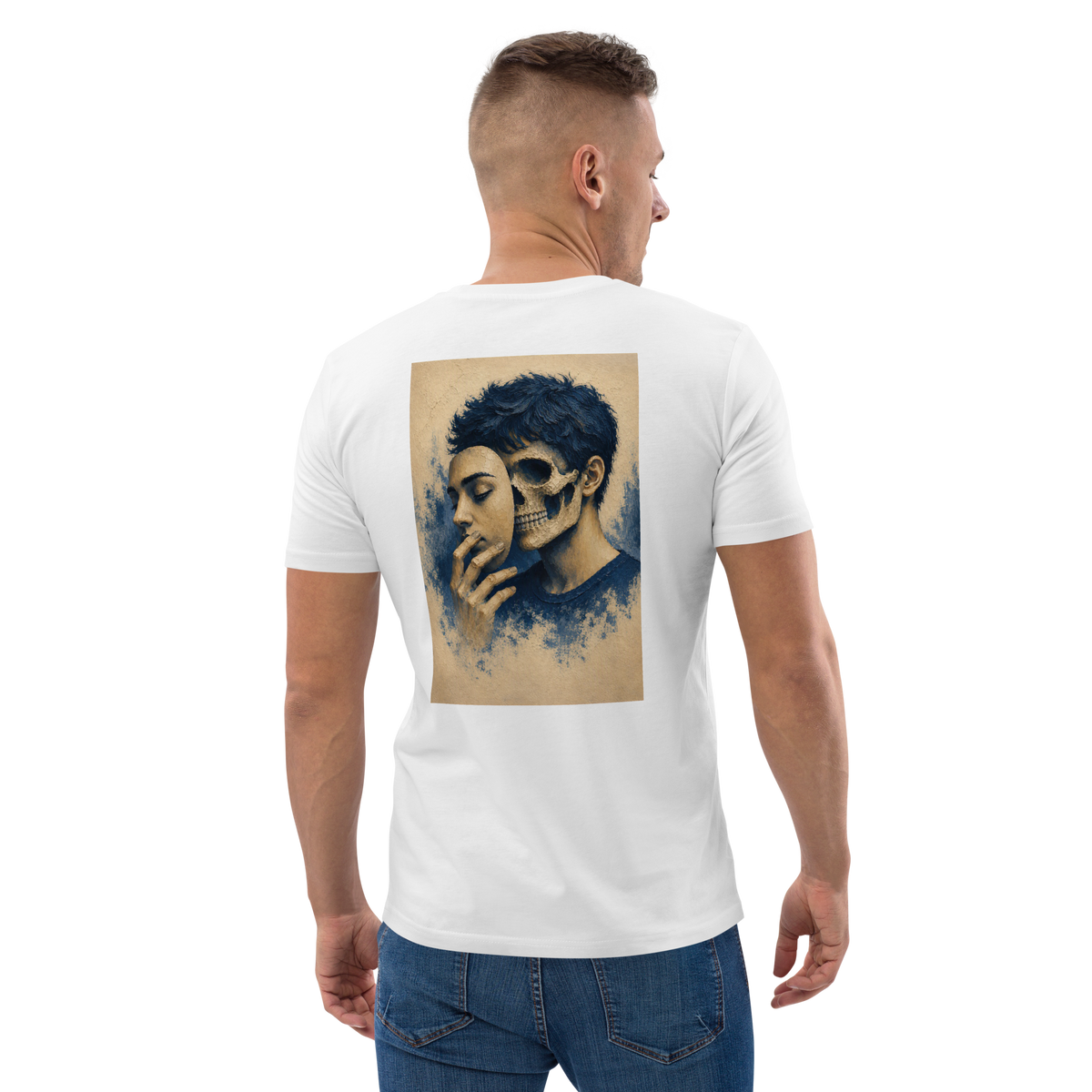 White graphic tee with blue portrait skull print on back square