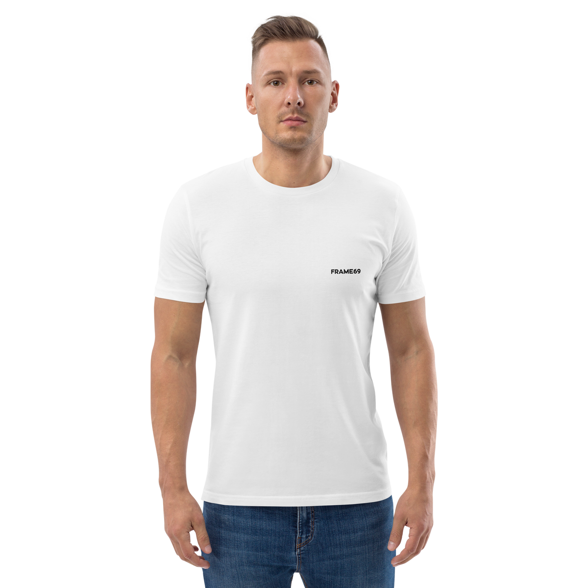 White graphic tee with small FRAME69 logo on front chest