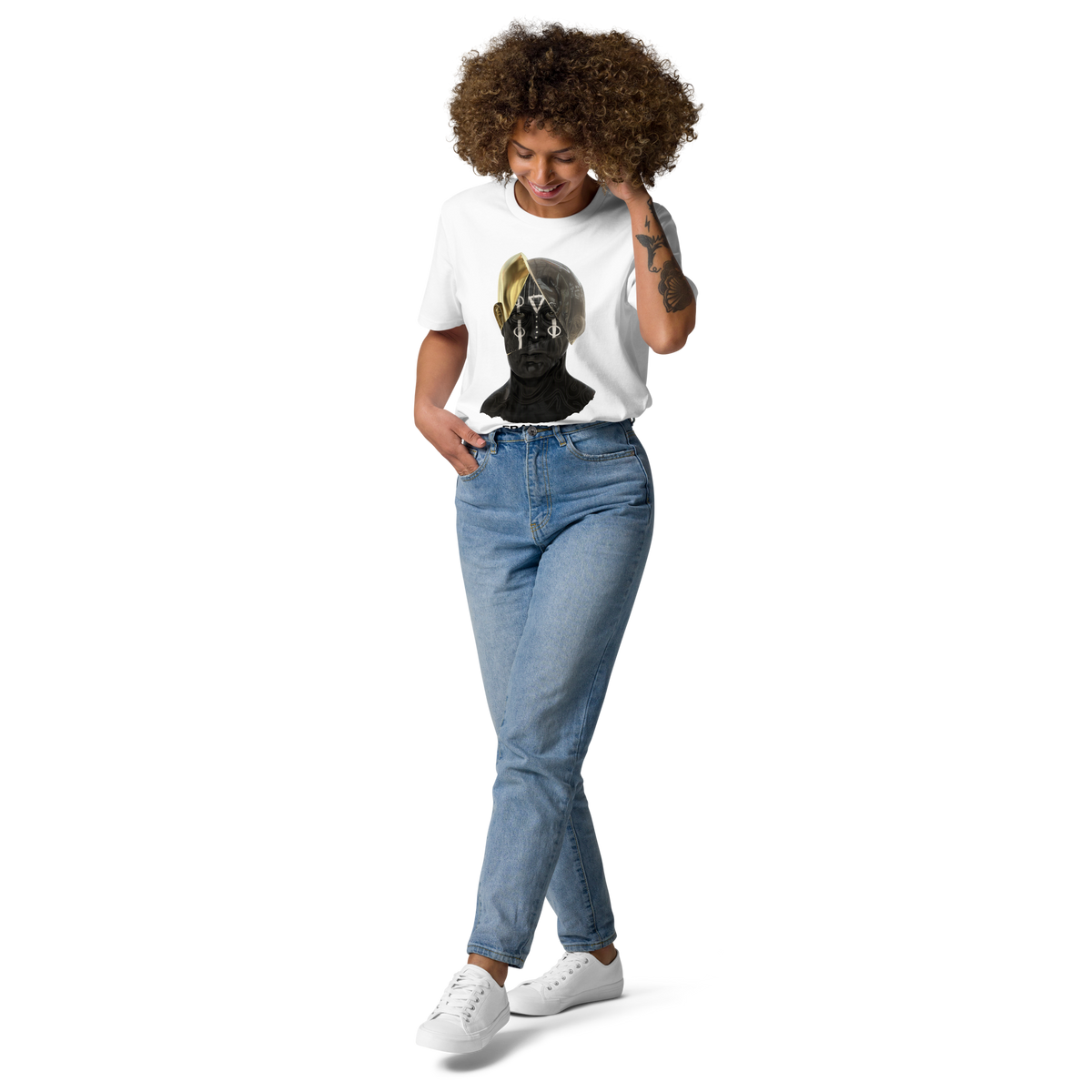 White split-face graphic T-shirt with crew neck and short sleeves