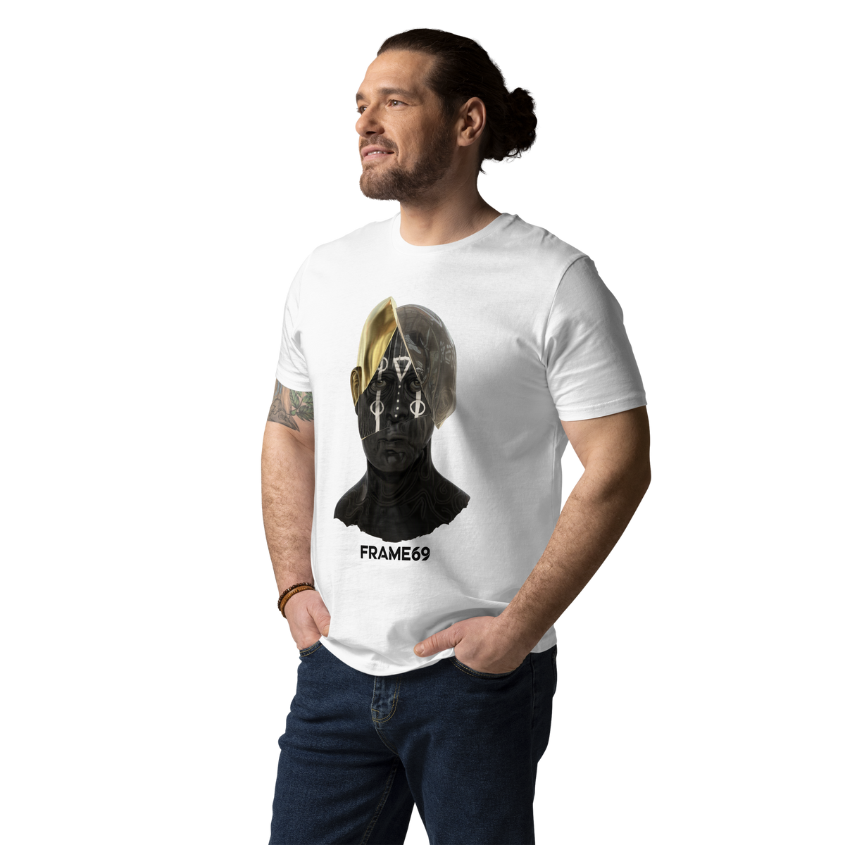 White Split Face graphic tee with multicolor face print and FRAME69 logo
