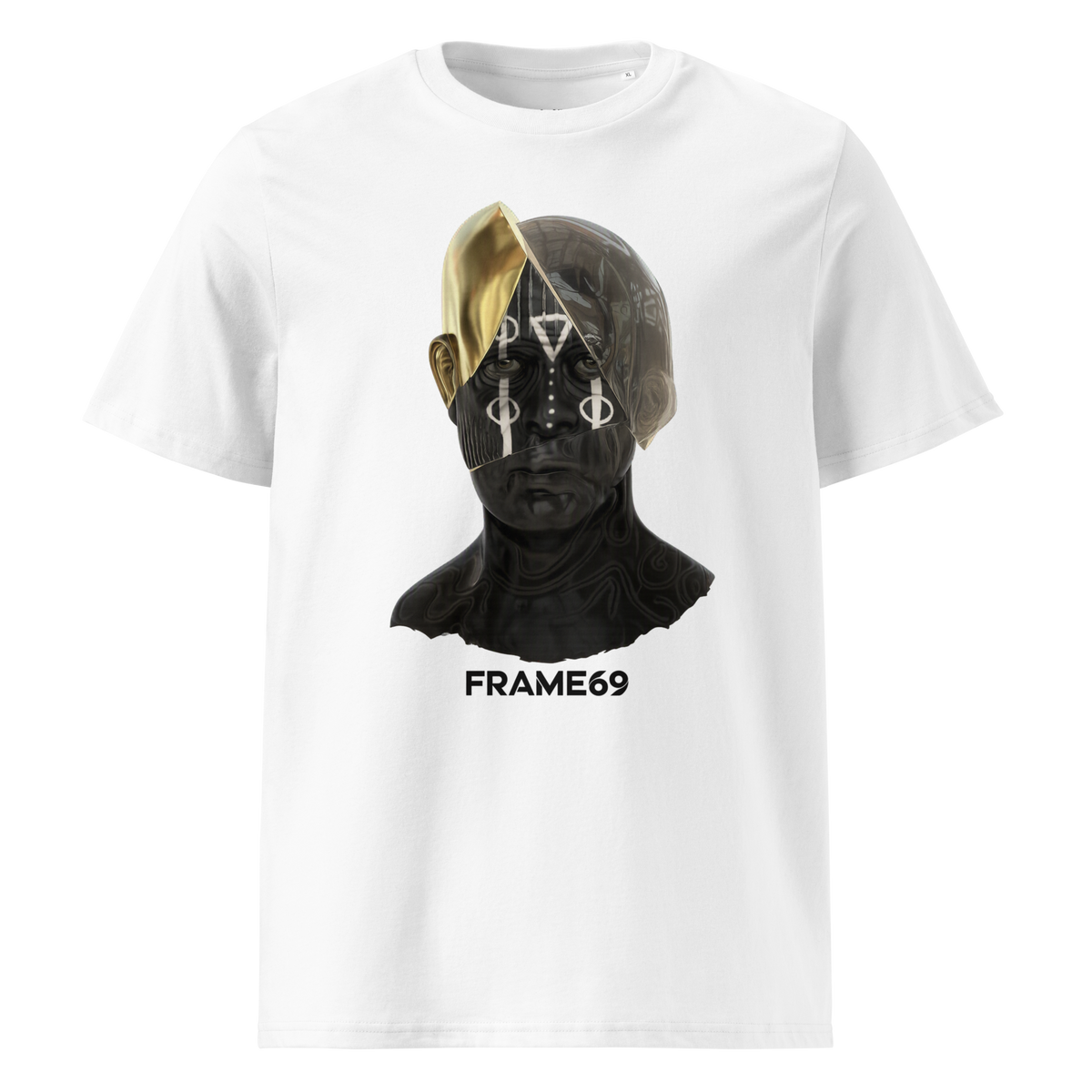 Split Face graphic tee in white with multicolor face print and FRAME69 logo