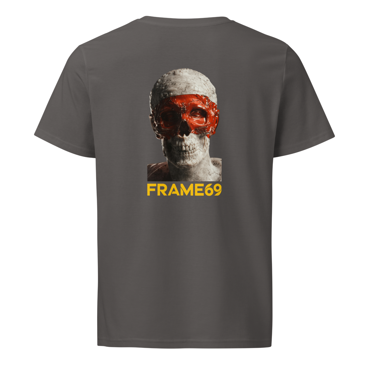 Dark gray skull graphic T-shirt, back view with FRAME69 text