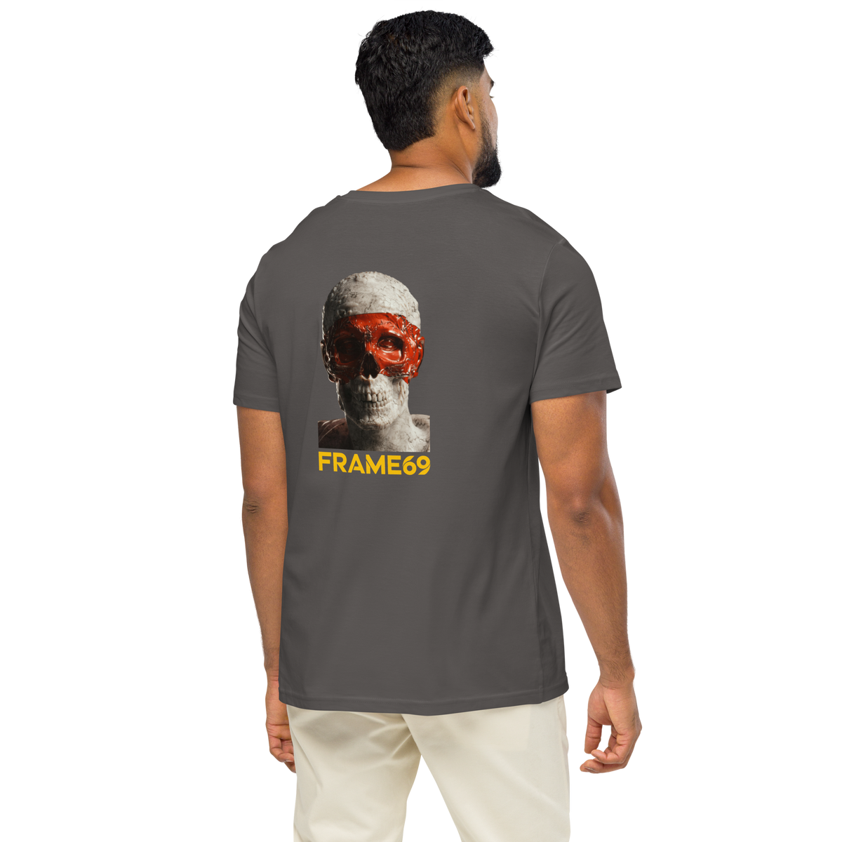 Dark gray skull graphic back T-shirt with small yellow FRAME69 logo on chest