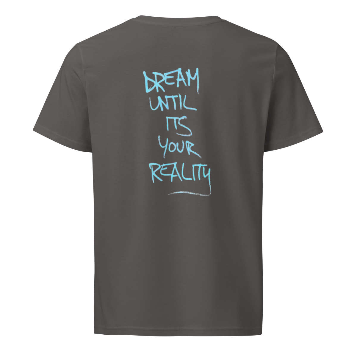 Anthracite graphic tee, back print reads “DREAM UNTIL ITS YOUR REALITY” in light blue