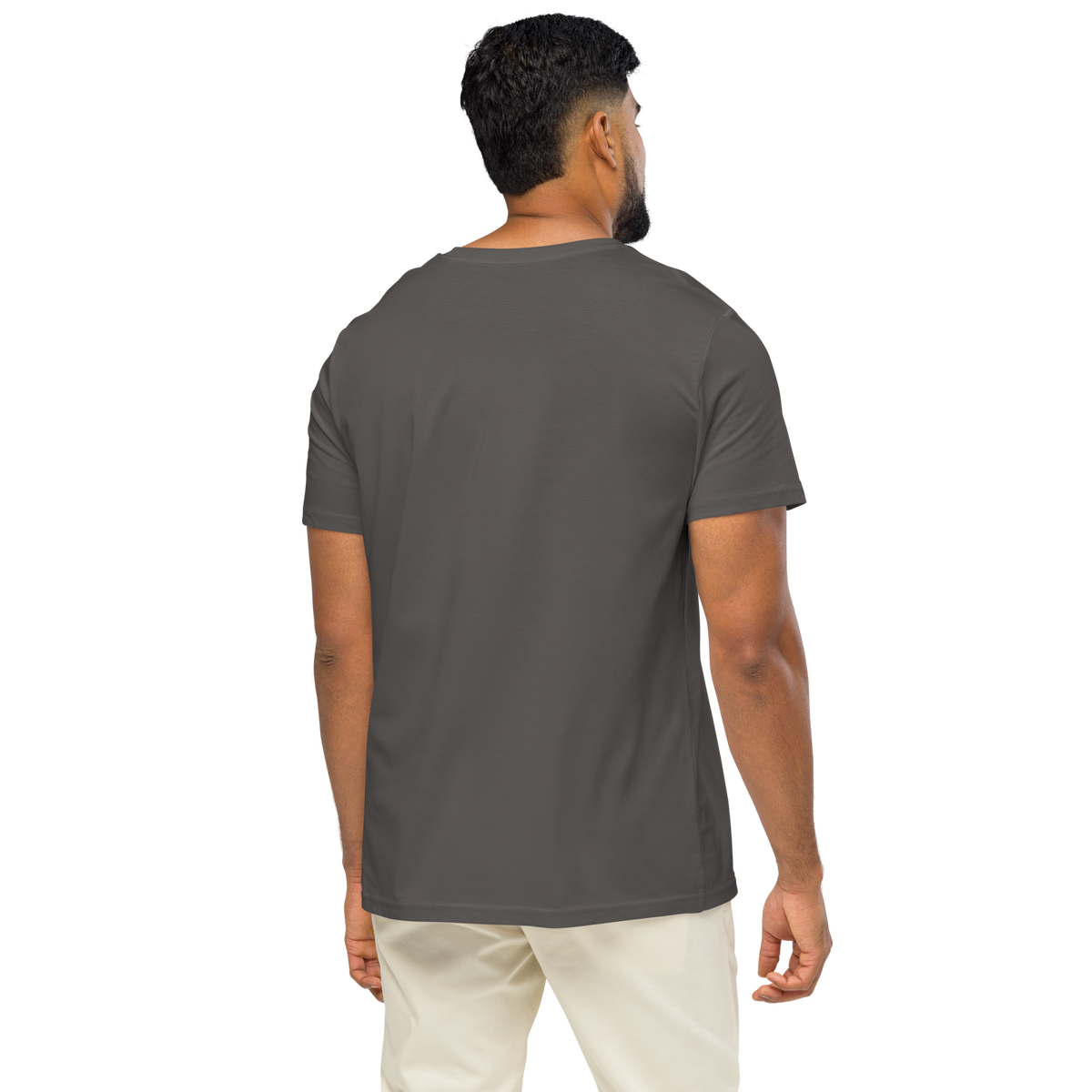 Dark gray graphic tee, back view with crew neck and short sleeves