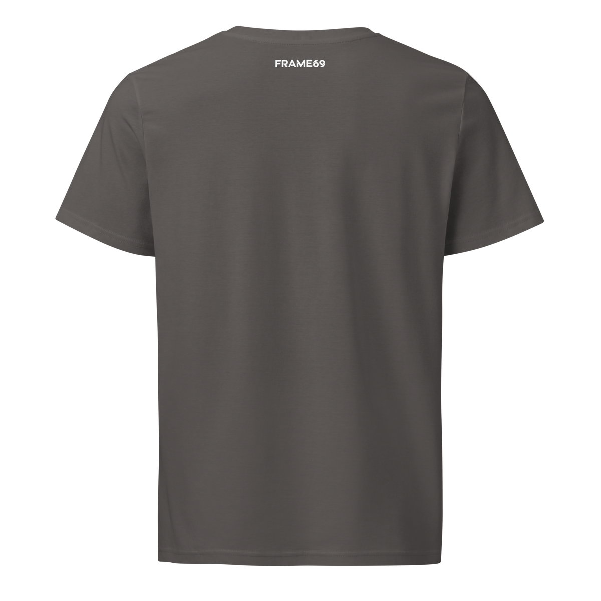Back view of heather gray short-sleeve T-shirt with small FRAME69 neck print