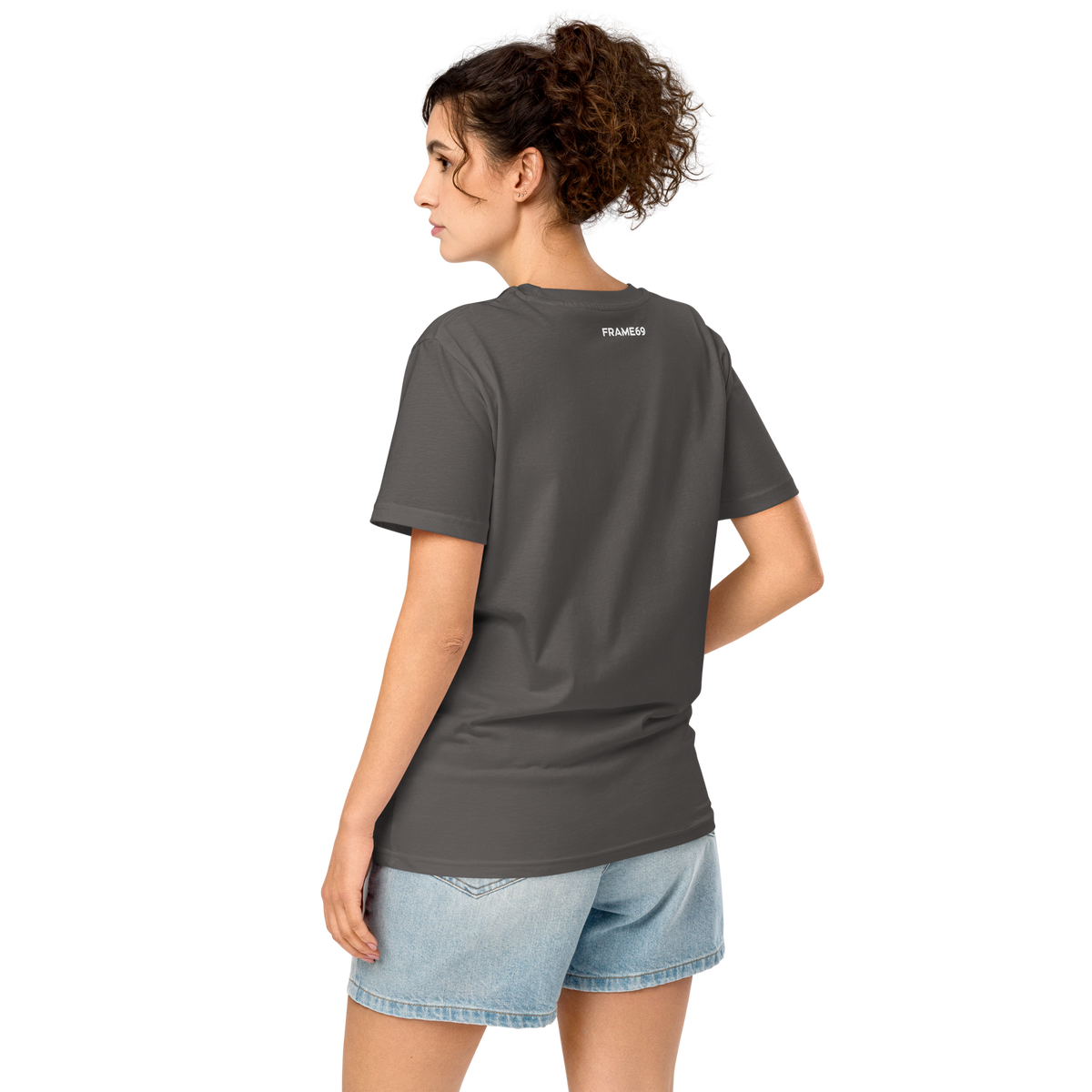 Dark heather gray crew-neck short-sleeve tee, back view with small neck print