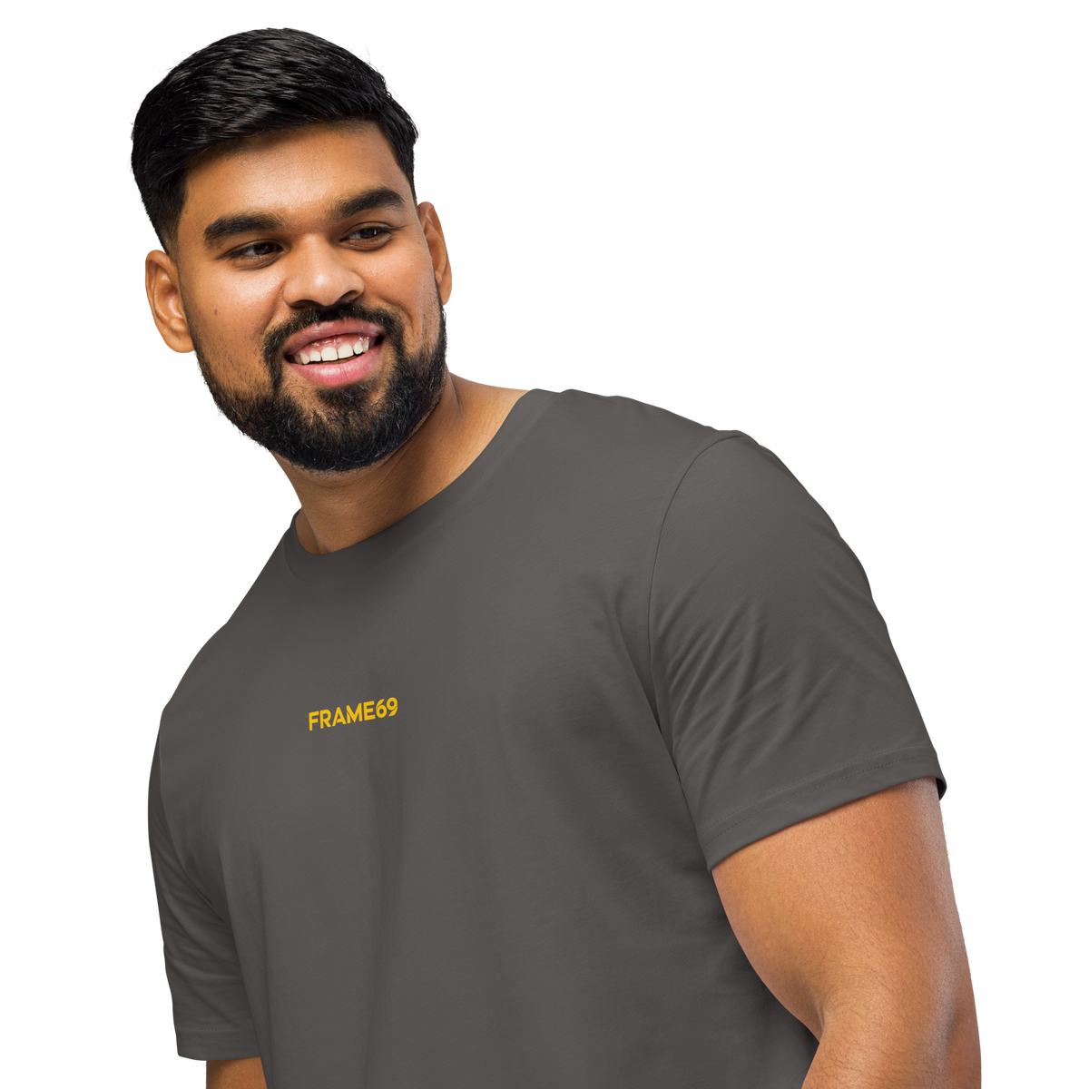 Anthracite gray crewneck T-shirt with small yellow FRAME69 logo on chest