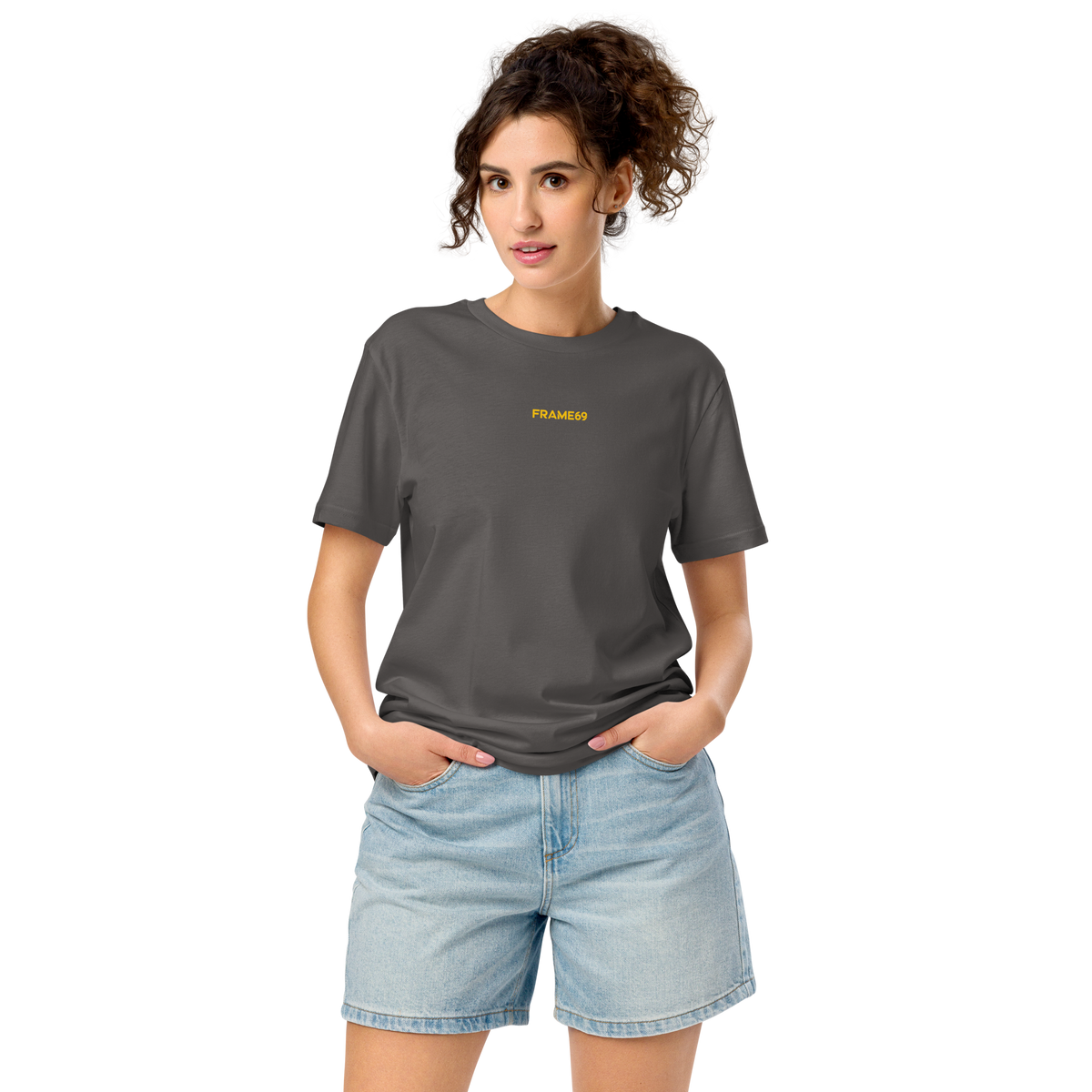 Anthracite gray skull graphic T-shirt, front view with FRAME69 text