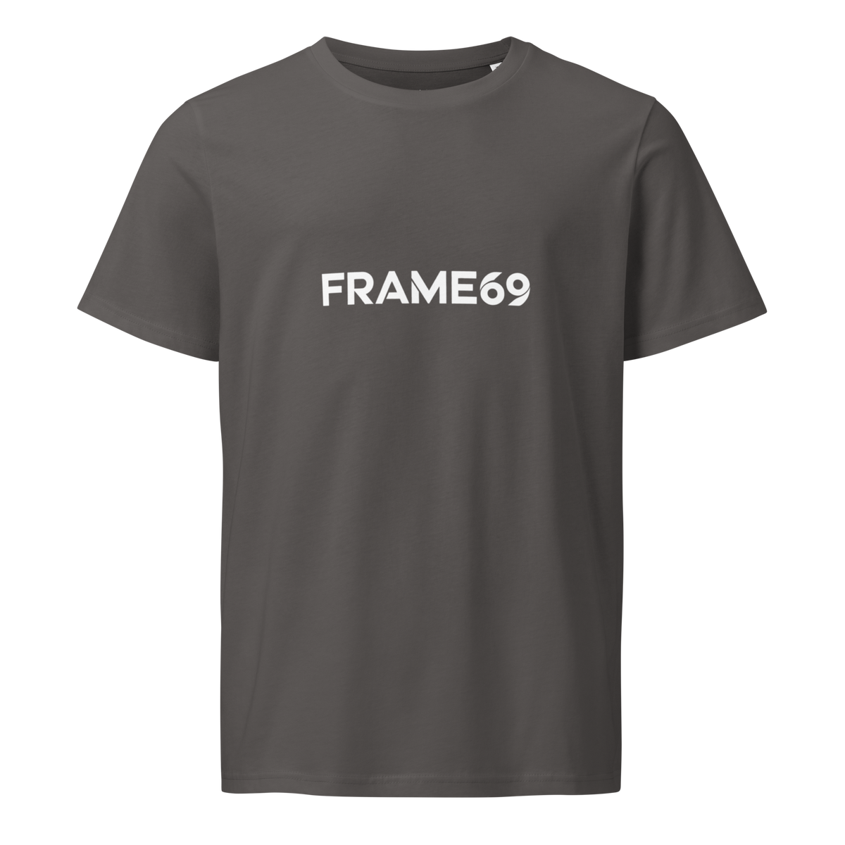 Heather gray graphic tee, front print reads “FRAME69” in white