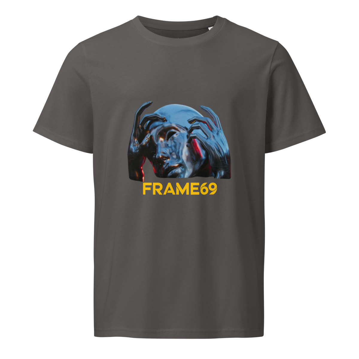 Charcoal graphic crew-neck T-shirt with colorful face print and “FRAME69” text