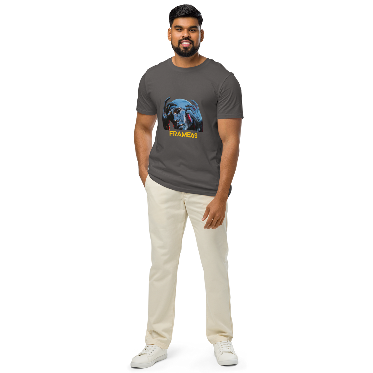 Charcoal graphic crew-neck T-shirt with colorful face print and “FRAME69” text, worn