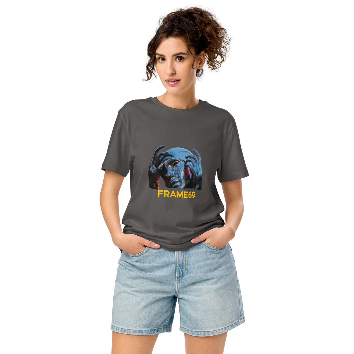 Dark gray graphic crew-neck T-shirt with colorful face print and “FRAME69” text