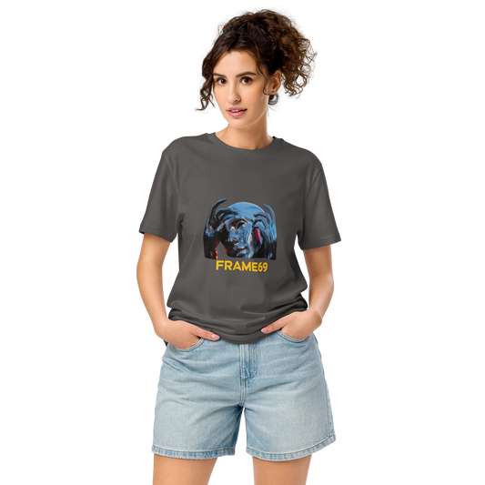 Dark gray graphic crew-neck T-shirt with colorful face print and “FRAME69” text