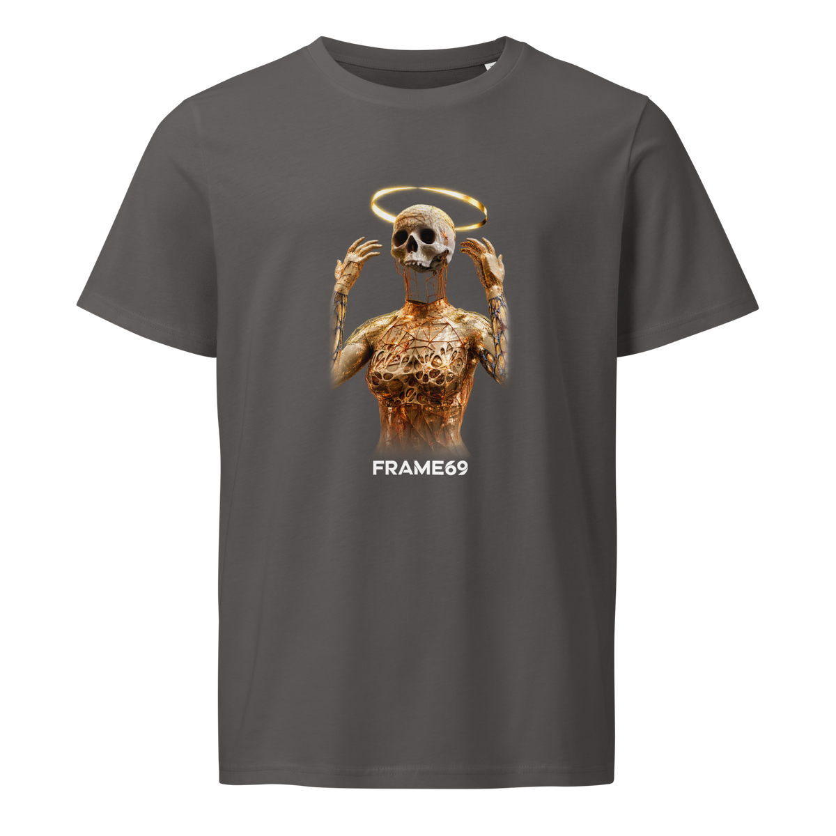 Heather gray short-sleeve T-shirt with gold skeleton graphic and small FRAME69 text