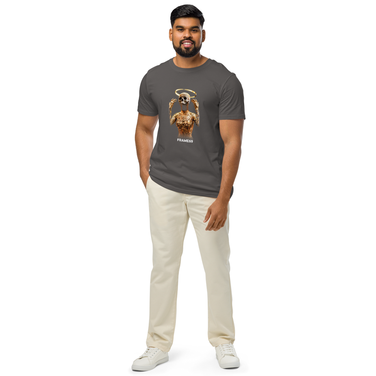 Anthracite short-sleeve T-shirt with gold skeleton graphic worn with light pants