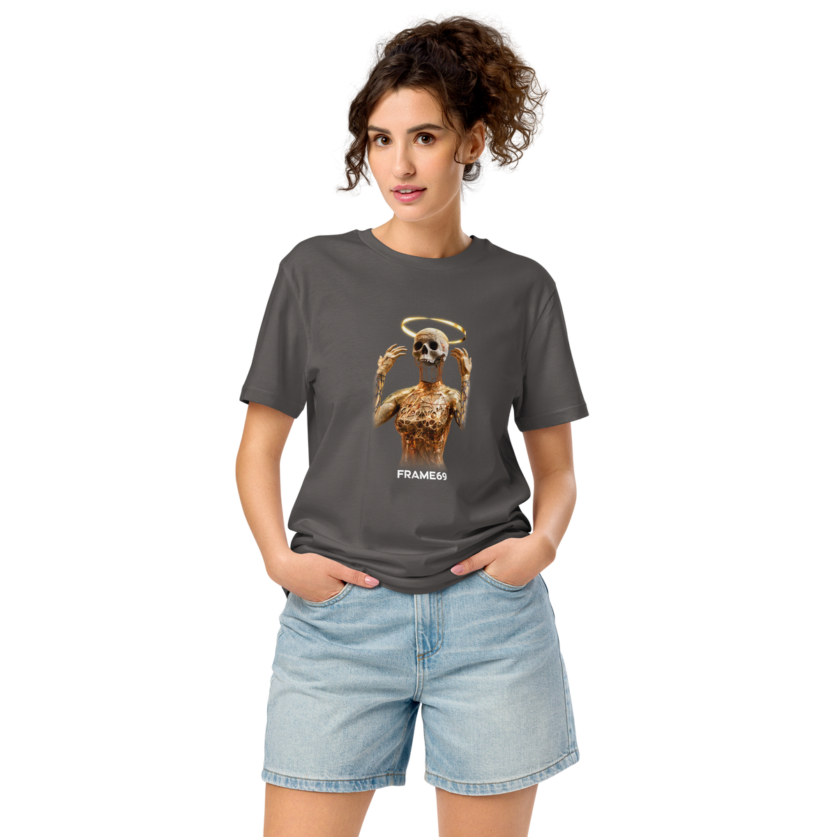 Dark heather gray crew-neck short-sleeve tee with gold skeleton graphic on front