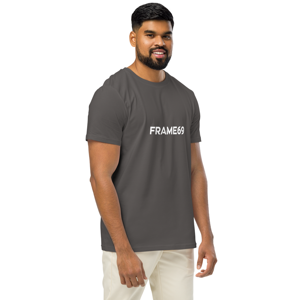 Dark gray graphic tee, front print reads “FRAME69” in white
