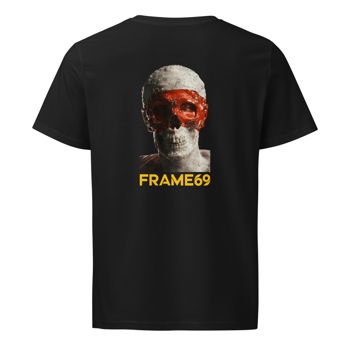 Black skull graphic T-shirt, back view with FRAME69 text