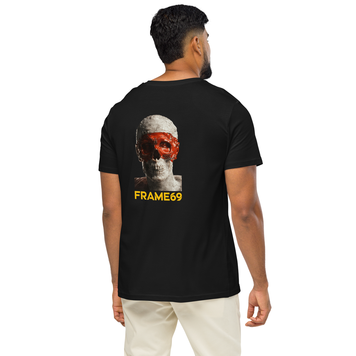 Black skull graphic T-shirt, back view on model with FRAME69 text