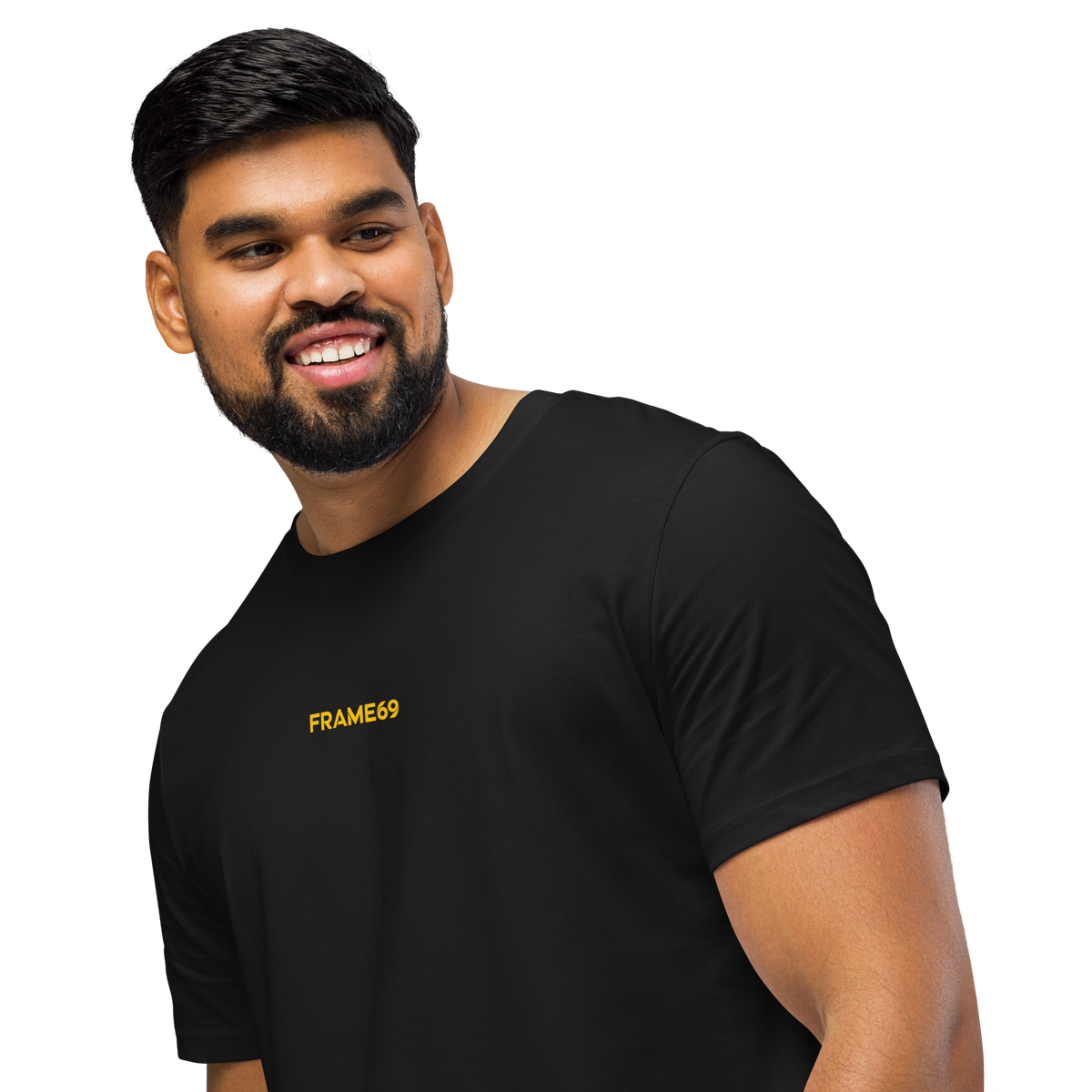 Black crewneck T-shirt with small yellow FRAME69 logo on chest