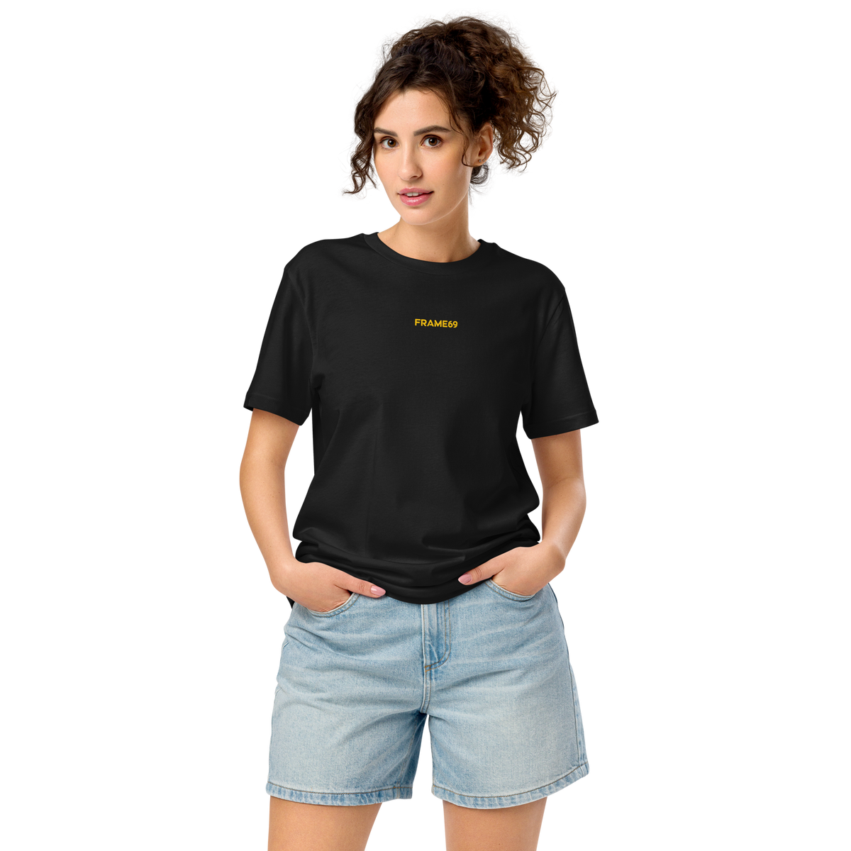 Black crew-neck graphic t-shirt with small yellow chest logo