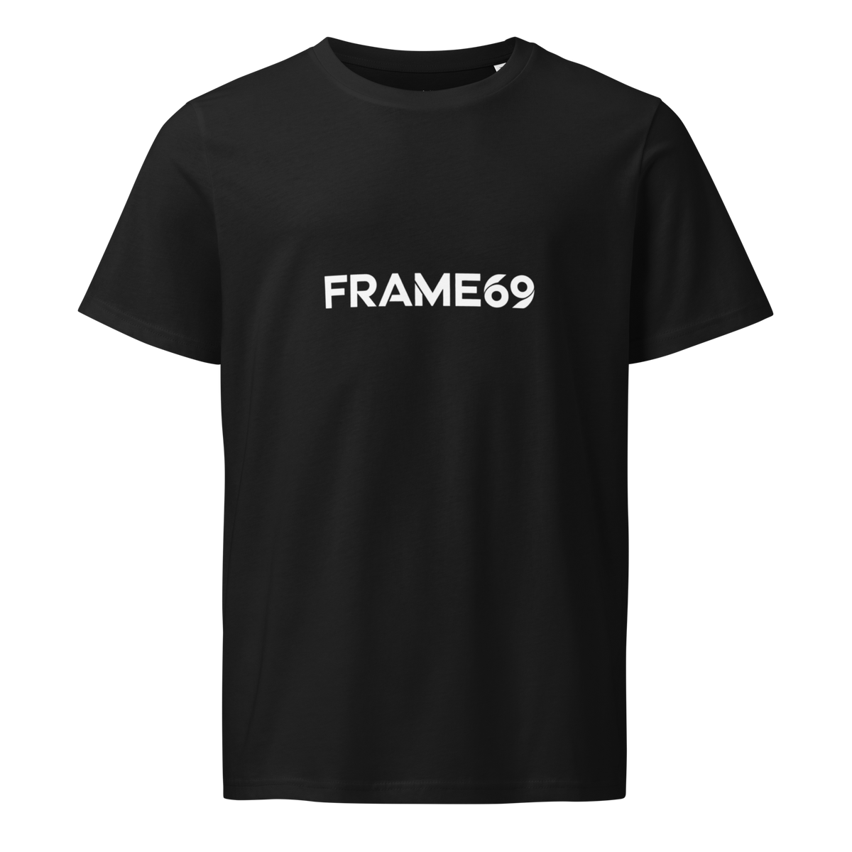 Black graphic tee, front print reads “FRAME69” in white