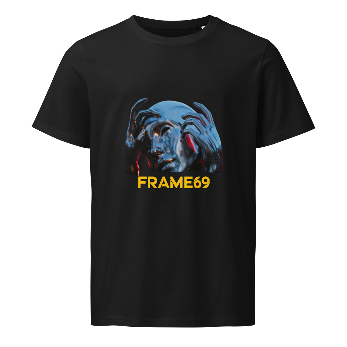 Black graphic crew-neck T-shirt with colorful face print and “FRAME69” text