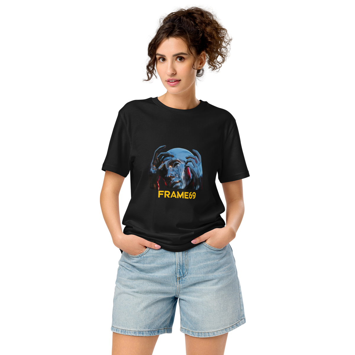Black graphic tee with blue animal graphic and orange "FRAME69" text