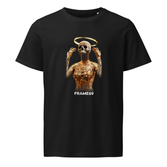 Black short-sleeve T-shirt with gold skeleton graphic and small FRAME69 text