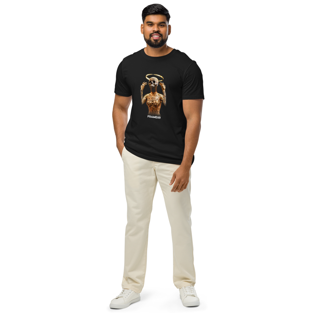 Charcoal short-sleeve T-shirt with gold skeleton graphic worn with light pants