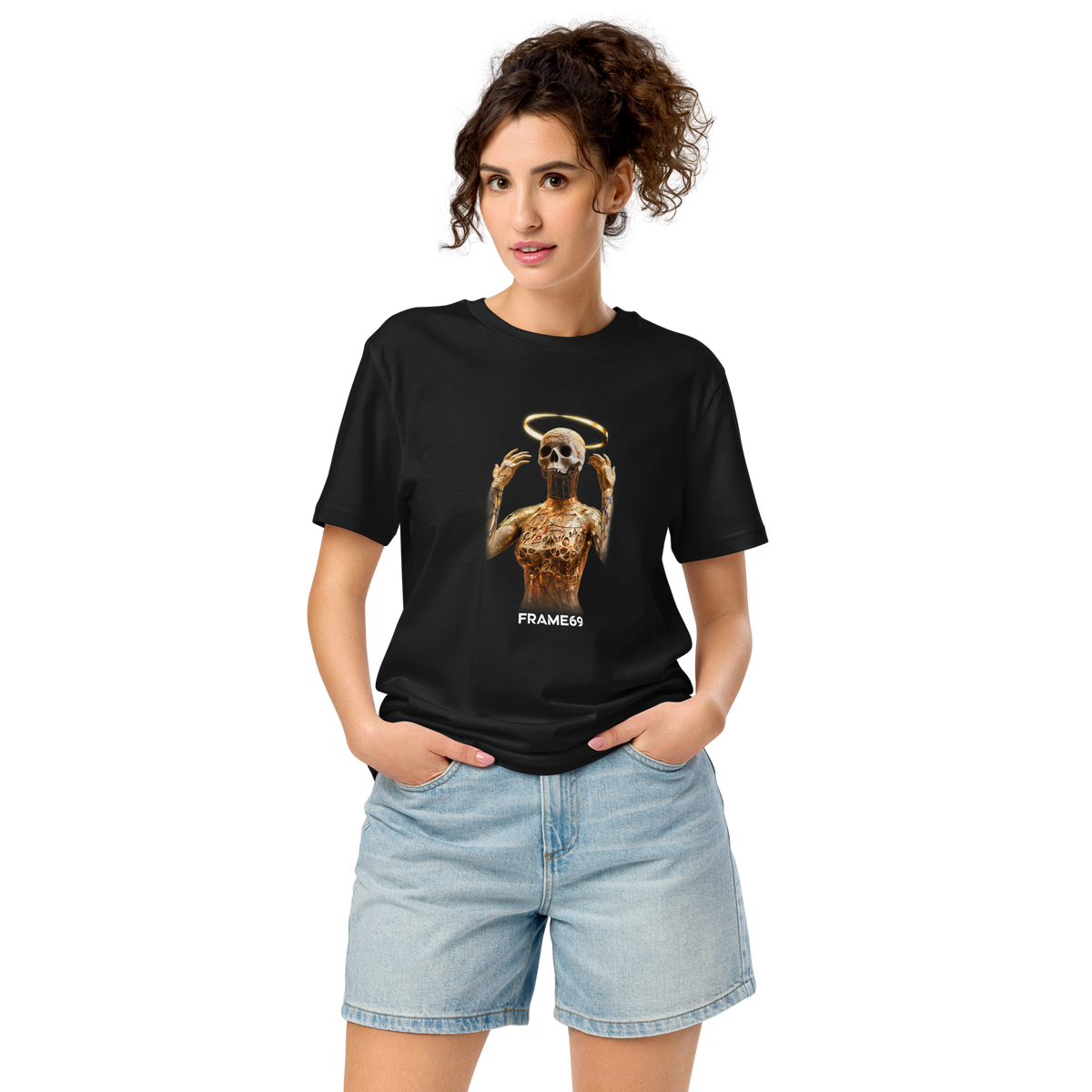 Black short-sleeve T-shirt with gold skeleton graphic and small FRAME69 text