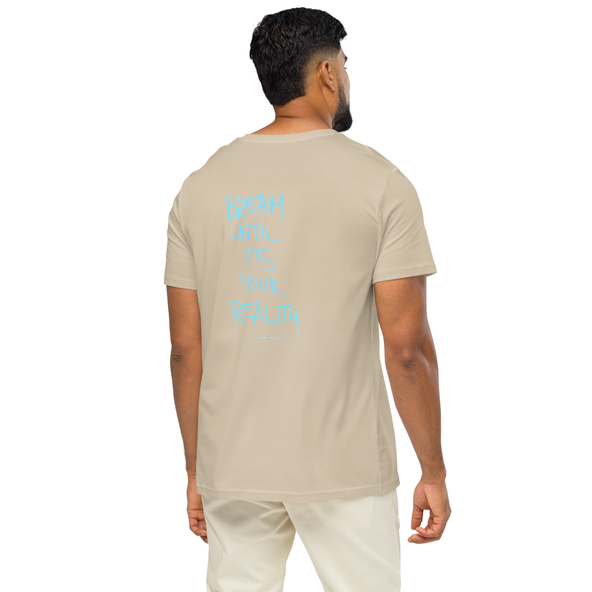 Beige graphic T-shirt with blue back text graphic