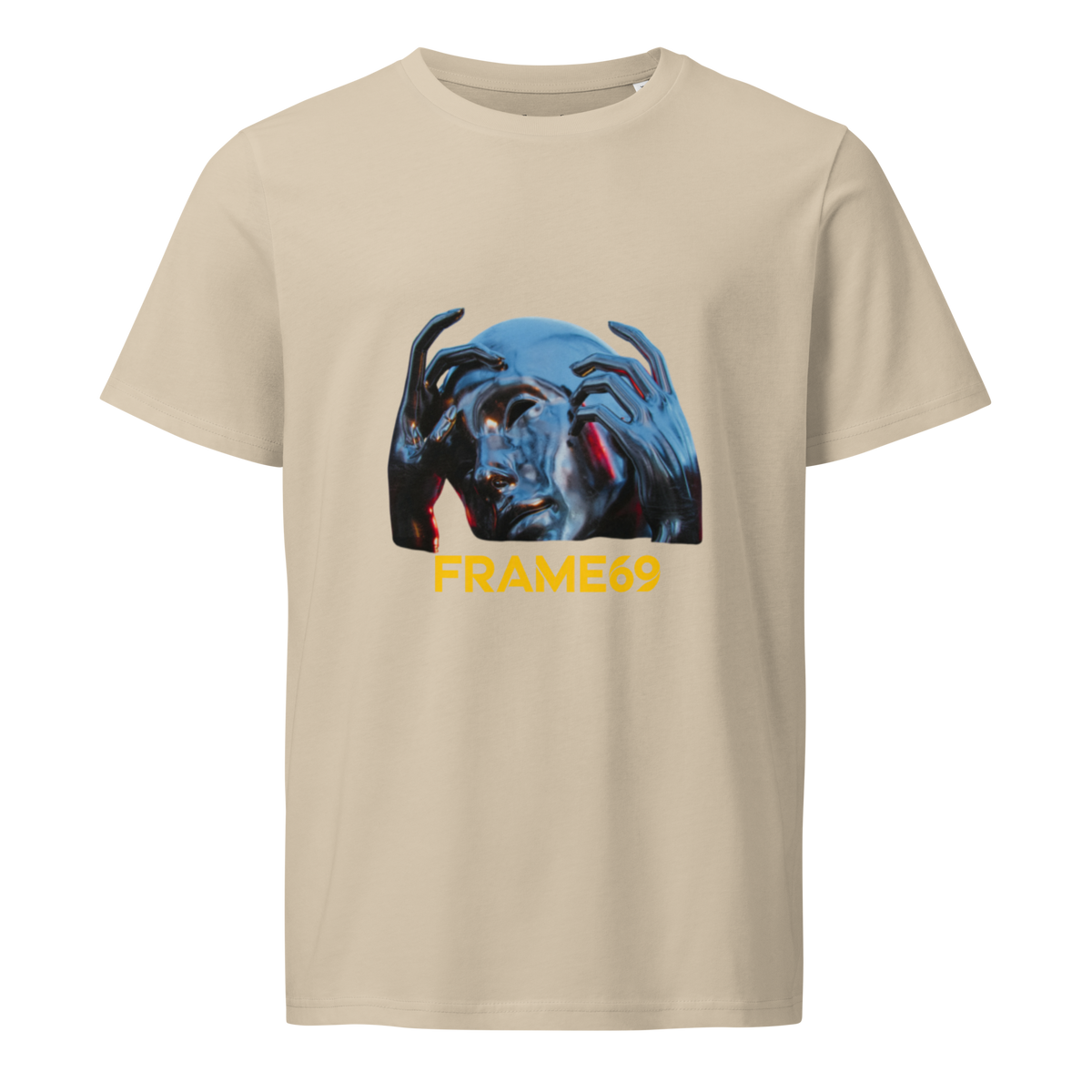 Light beige graphic crew-neck T-shirt with colorful face print and “FRAME69” text