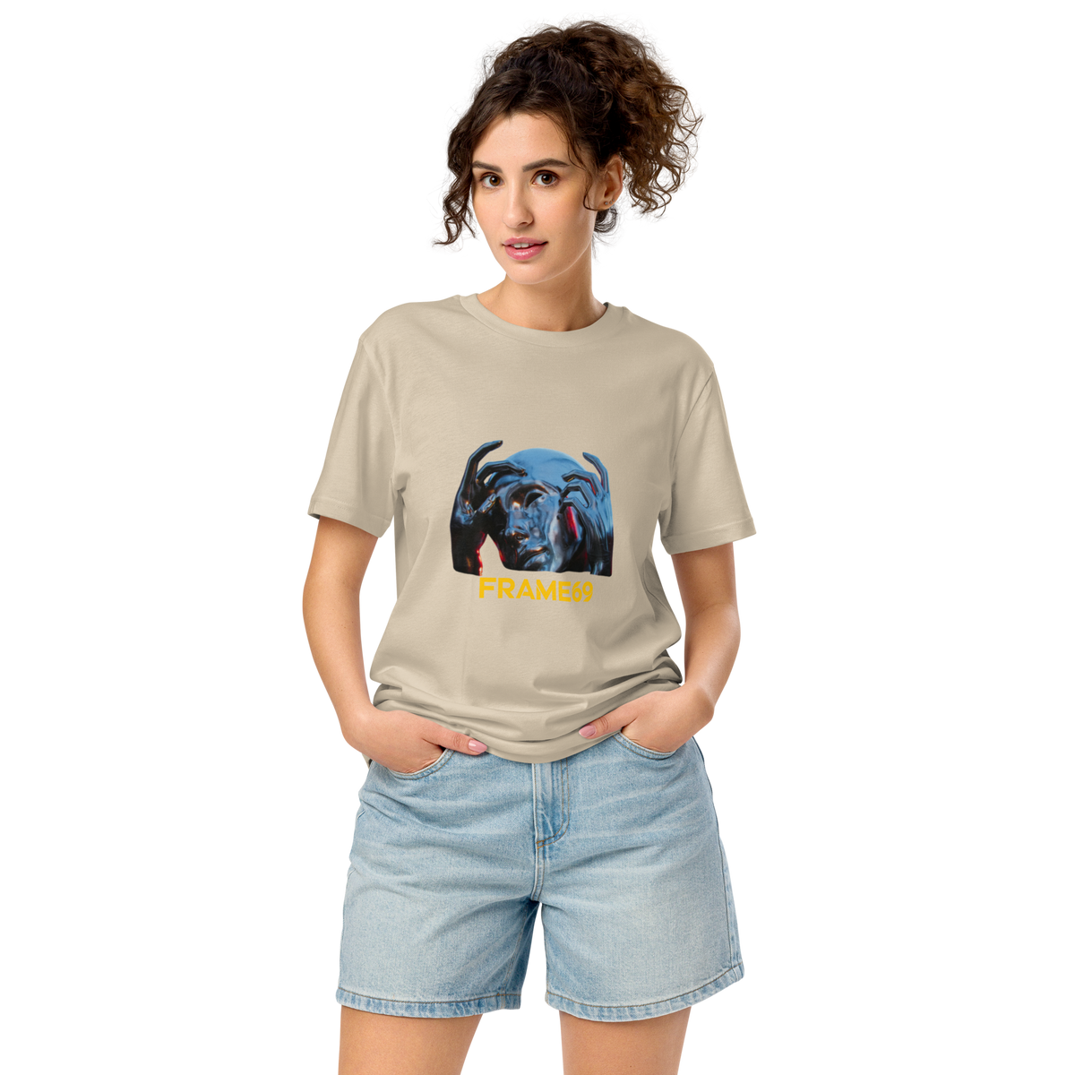 Desert dust graphic tee with blue animal graphic and orange "FRAME69" text