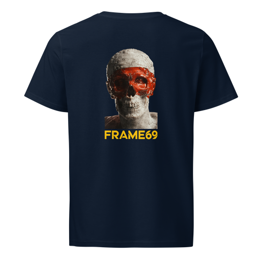 French navy skull graphic T-shirt, front view with FRAME69 text