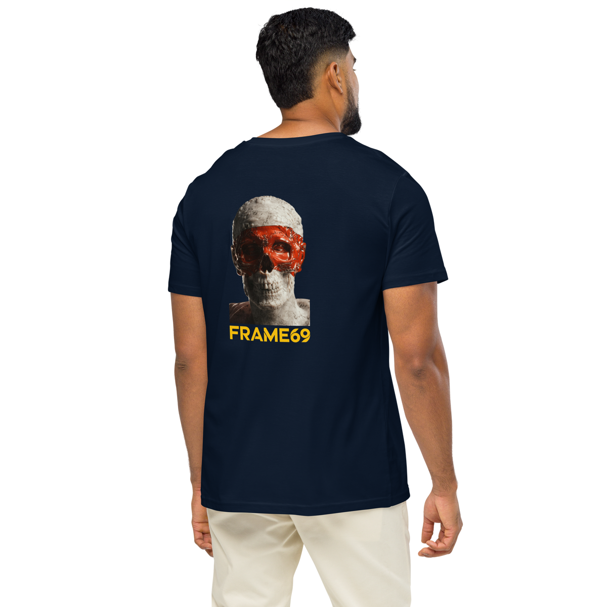 French navy skull graphic T-shirt, back view on model with FRAME69