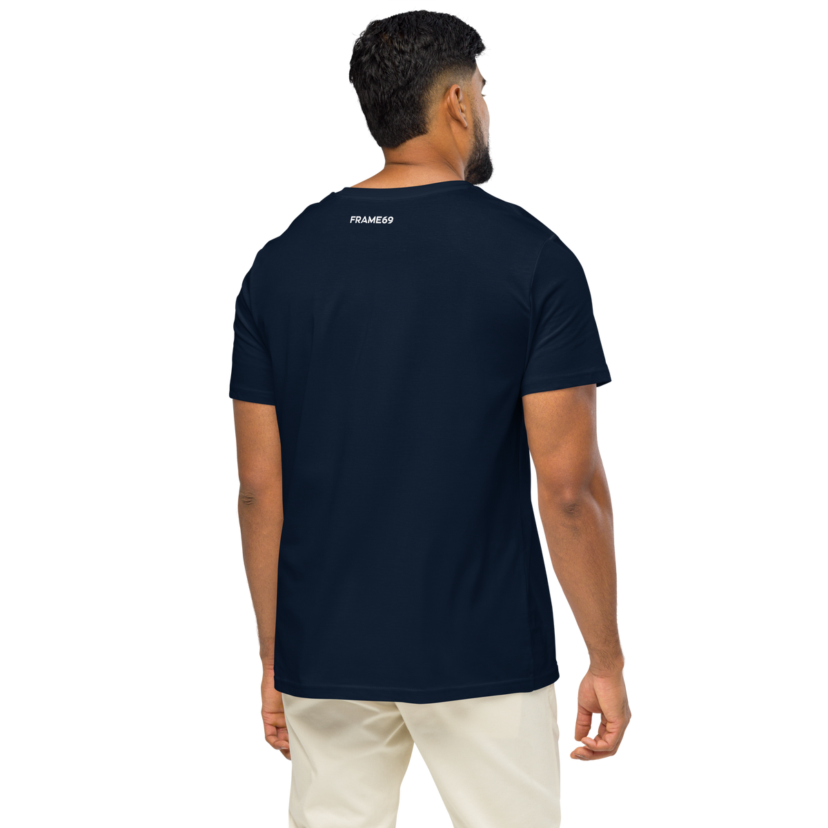 Back view of French navy short-sleeve T-shirt with small FRAME69 neck print