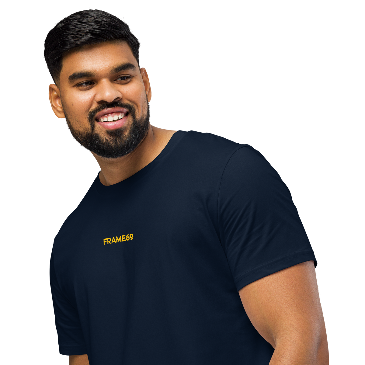 Navy crewneck T-shirt with small yellow FRAME69 logo on chest