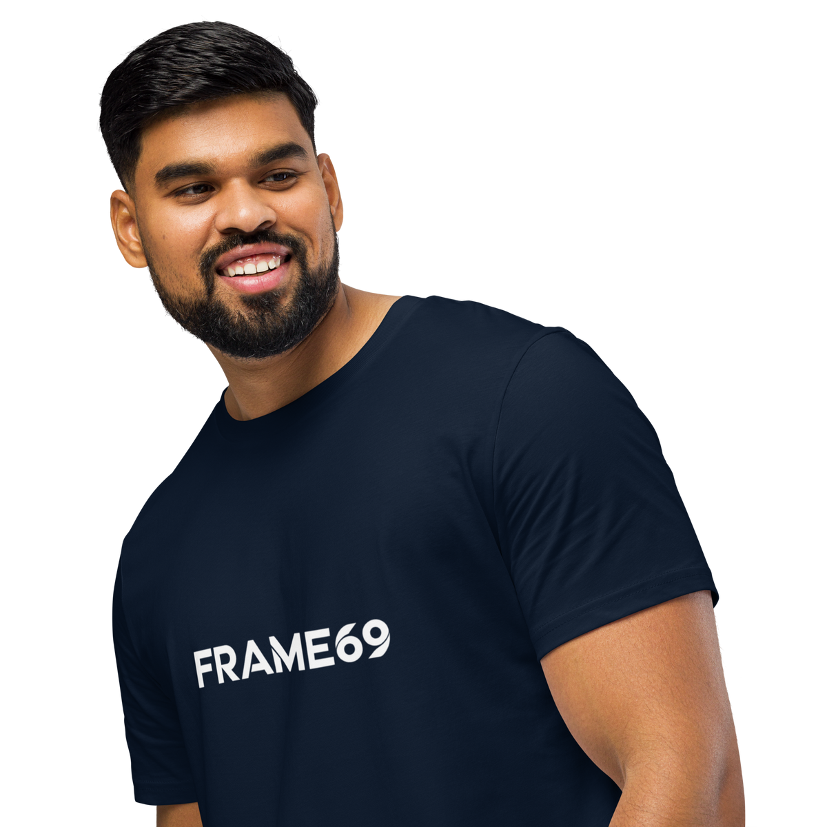 French navy graphic tee close-up, front print reads “FRAME69” in white