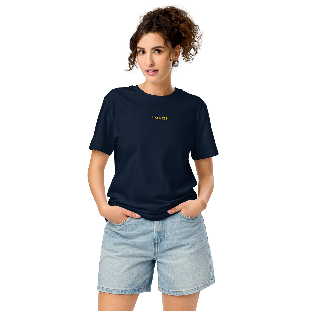 French navy crewneck T-shirt with small yellow FRAME69 logo on chest