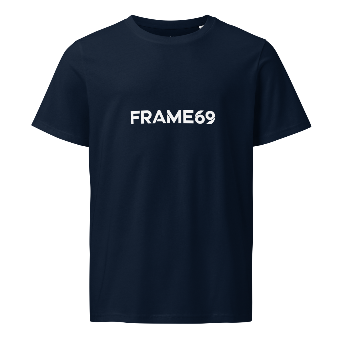 French navy graphic tee, front print reads “FRAME69” in white