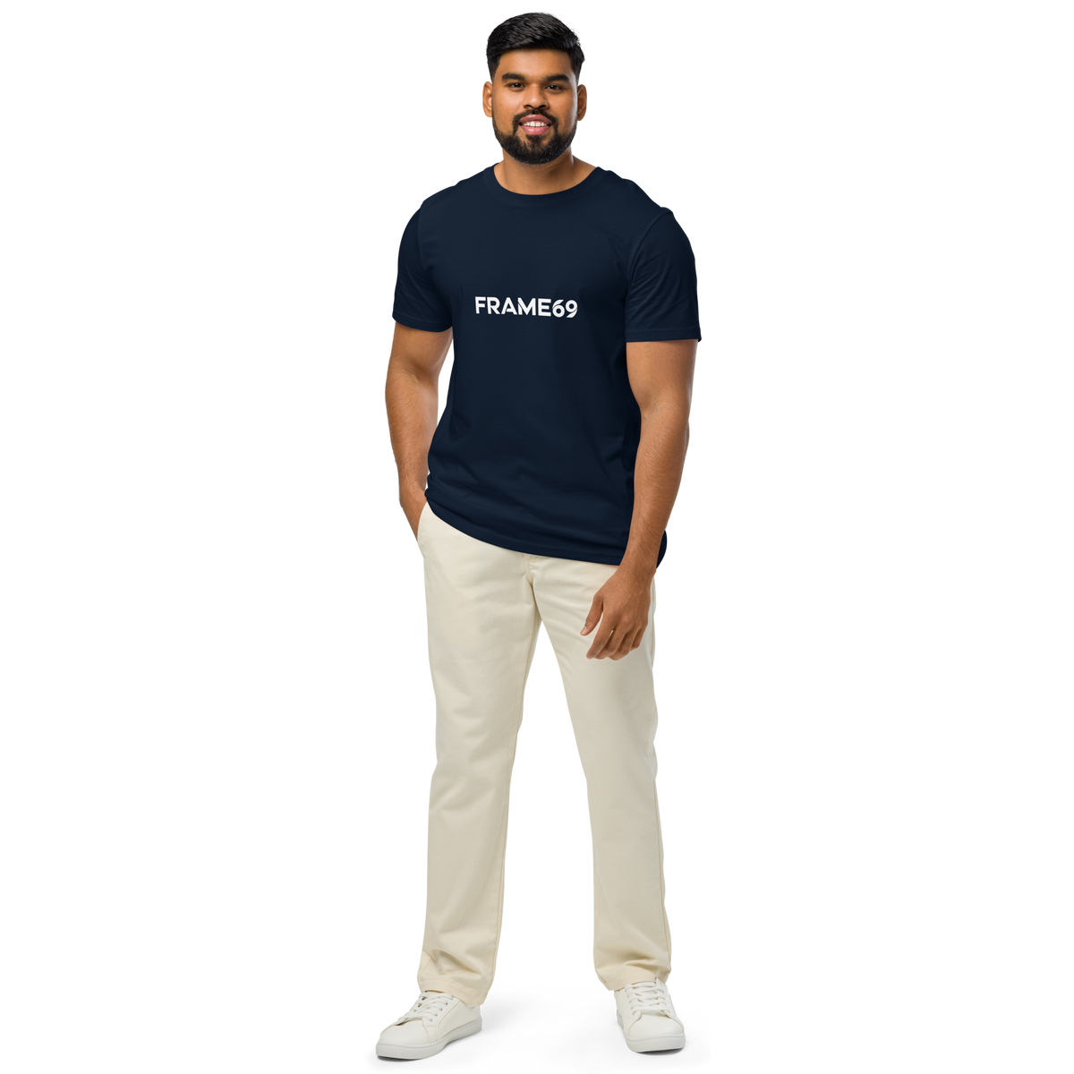 French navy graphic tee worn by model, front print reads “FRAME69” in white