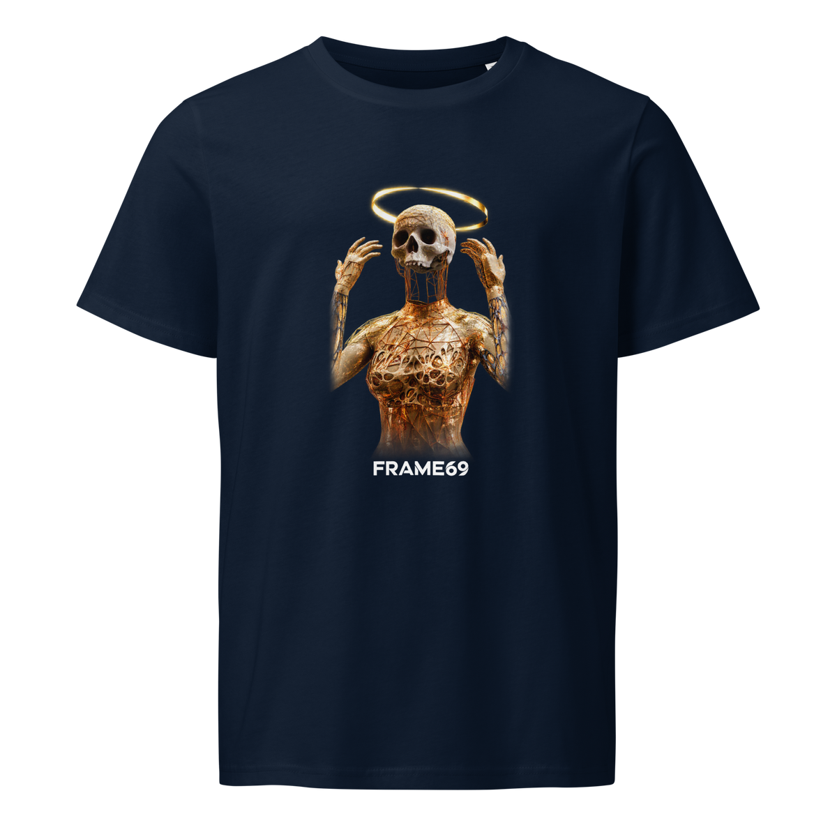 French navy short-sleeve T-shirt with gold skeleton graphic and small FRAME69 text