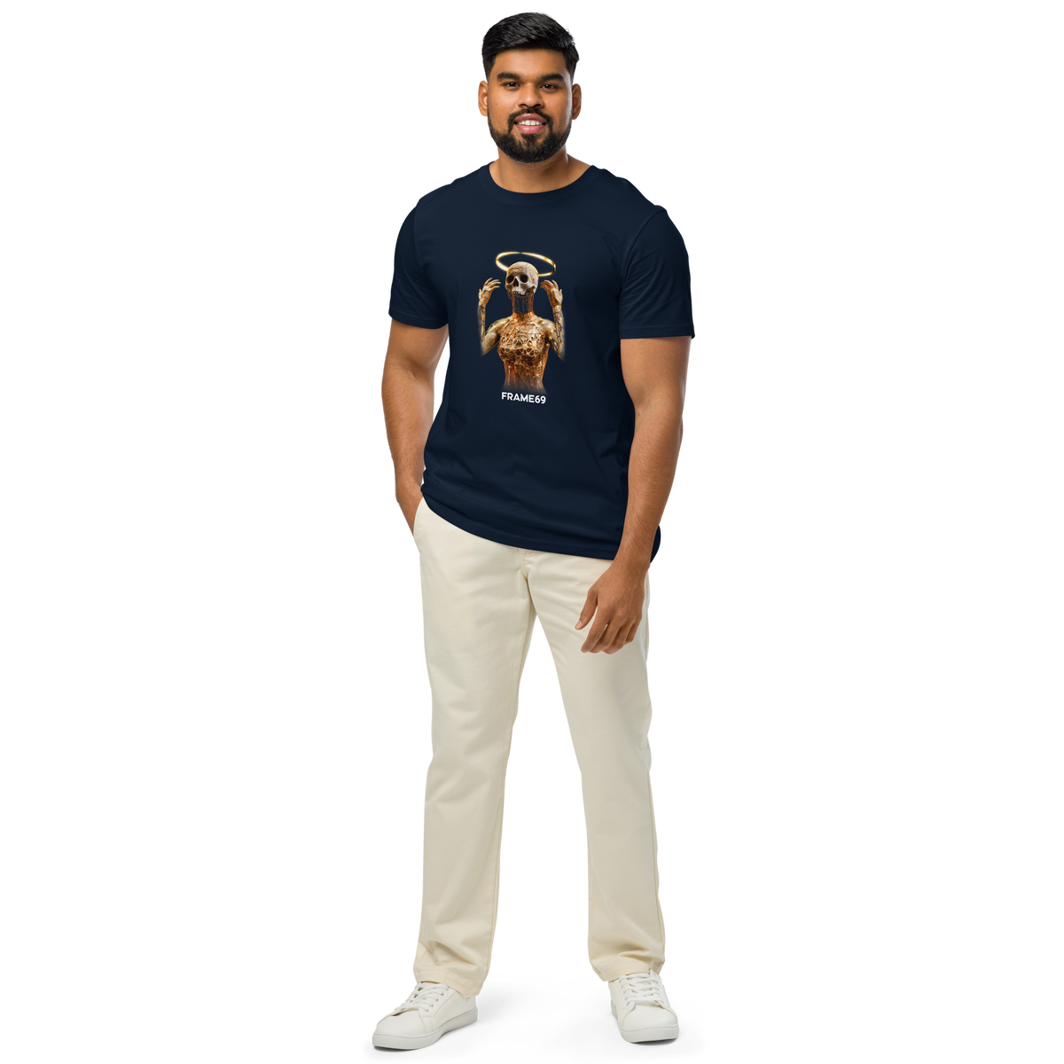 Black short-sleeve T-shirt with gold skeleton graphic worn with light pants