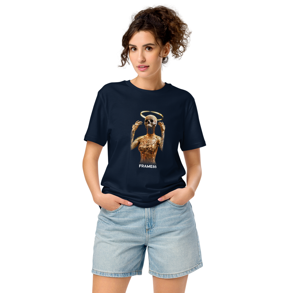 Navy short-sleeve T-shirt with gold skeleton graphic and small FRAME69 text