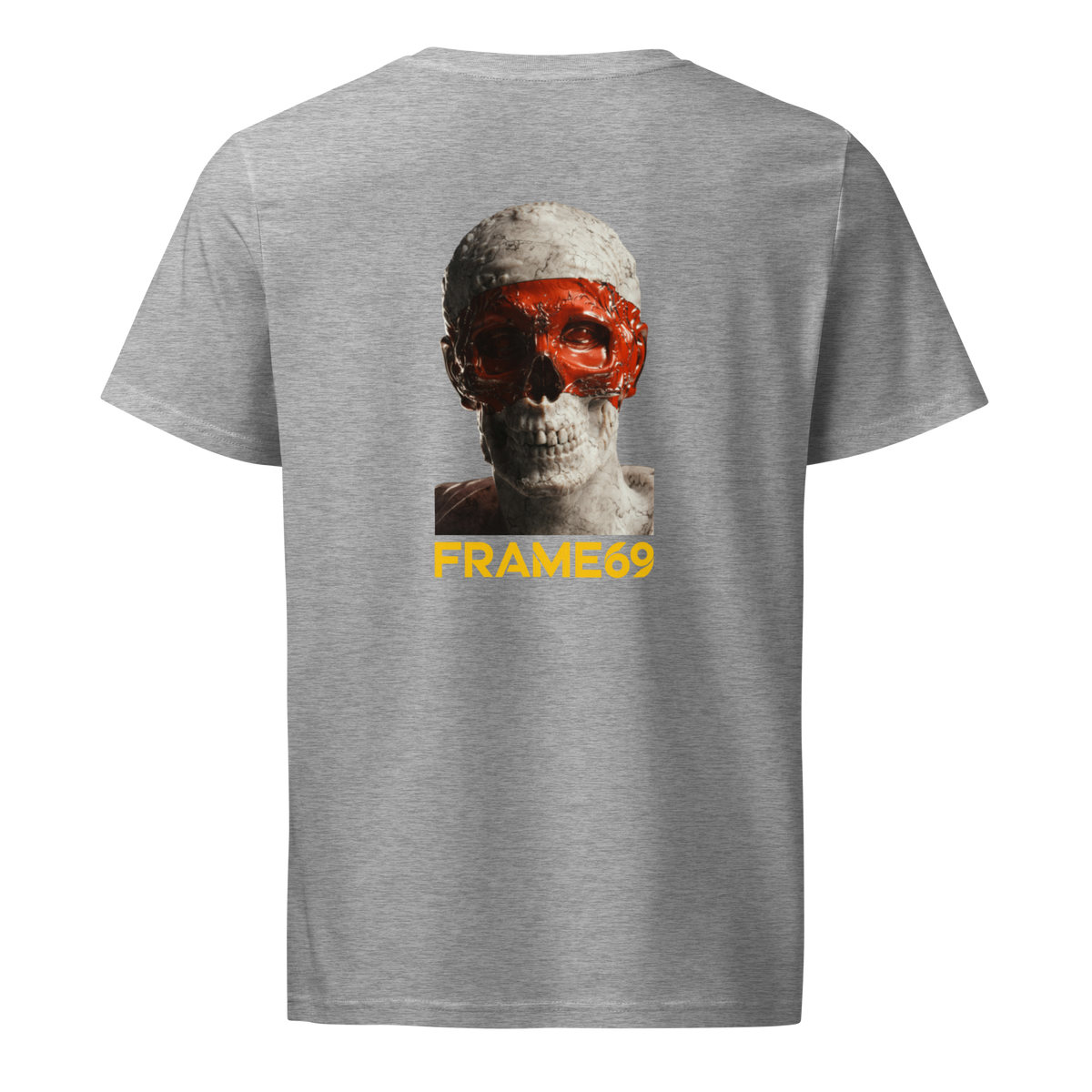 Heather gray skull graphic T-shirt, back view with FRAME69 text